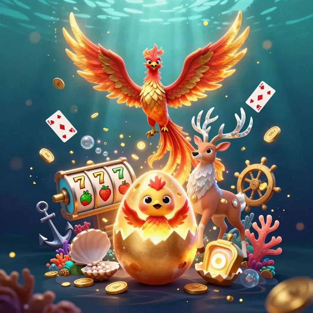 Phoenix, stag, and hatchling over underwater treasure with coins, cards, and slot reels.
