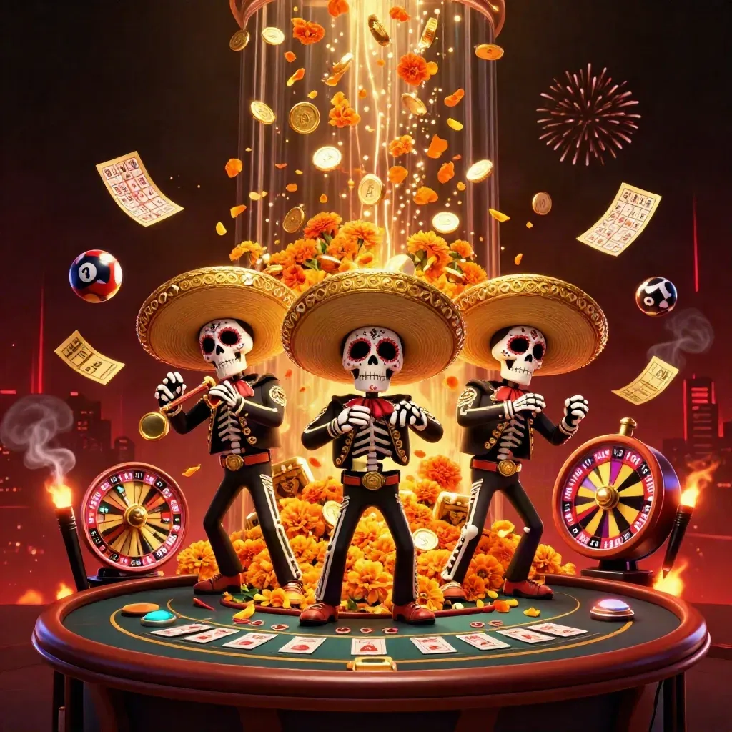 Skeleton mariachi trio amid vault burst, coins, lottery balls, fireworks and casino props.