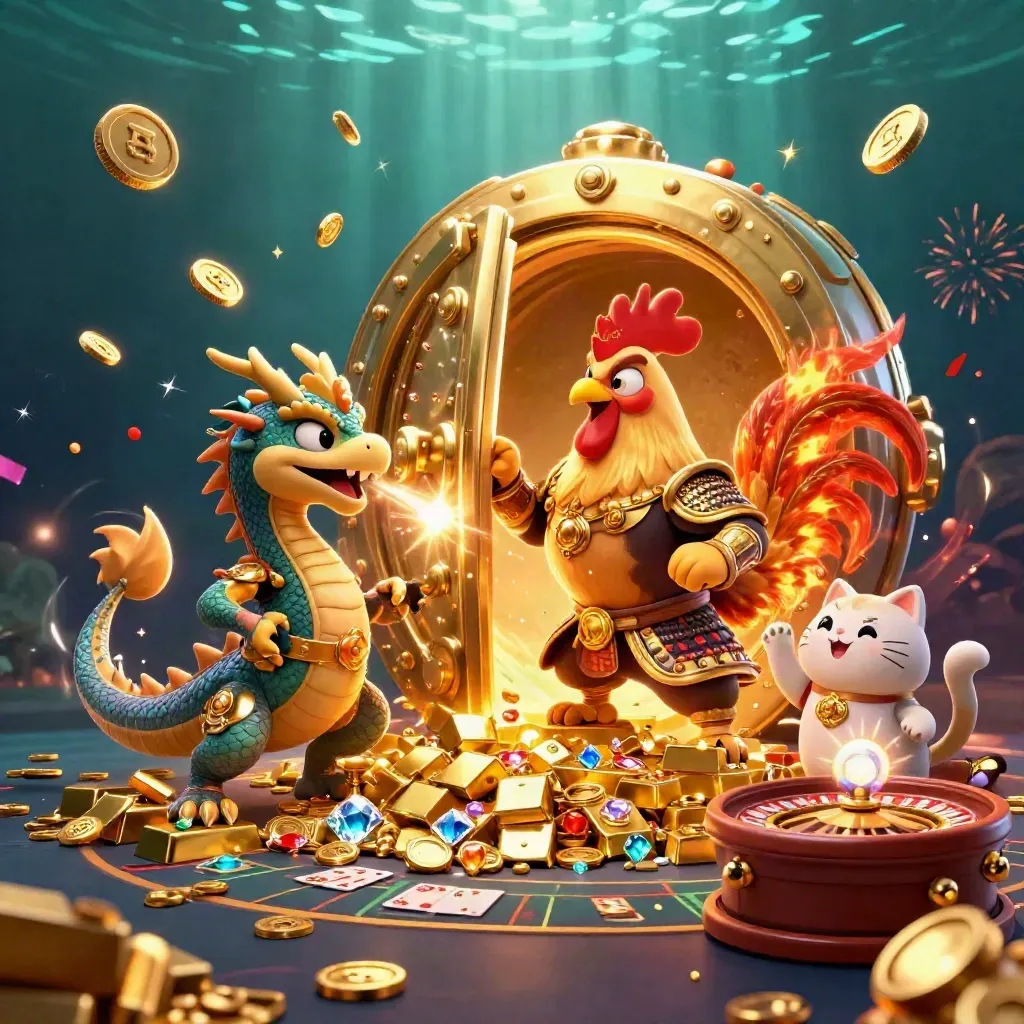 Rooster warrior, dragon hatchling, and fortune-cat amid a vault burst, coins, fireworks, and casino props.