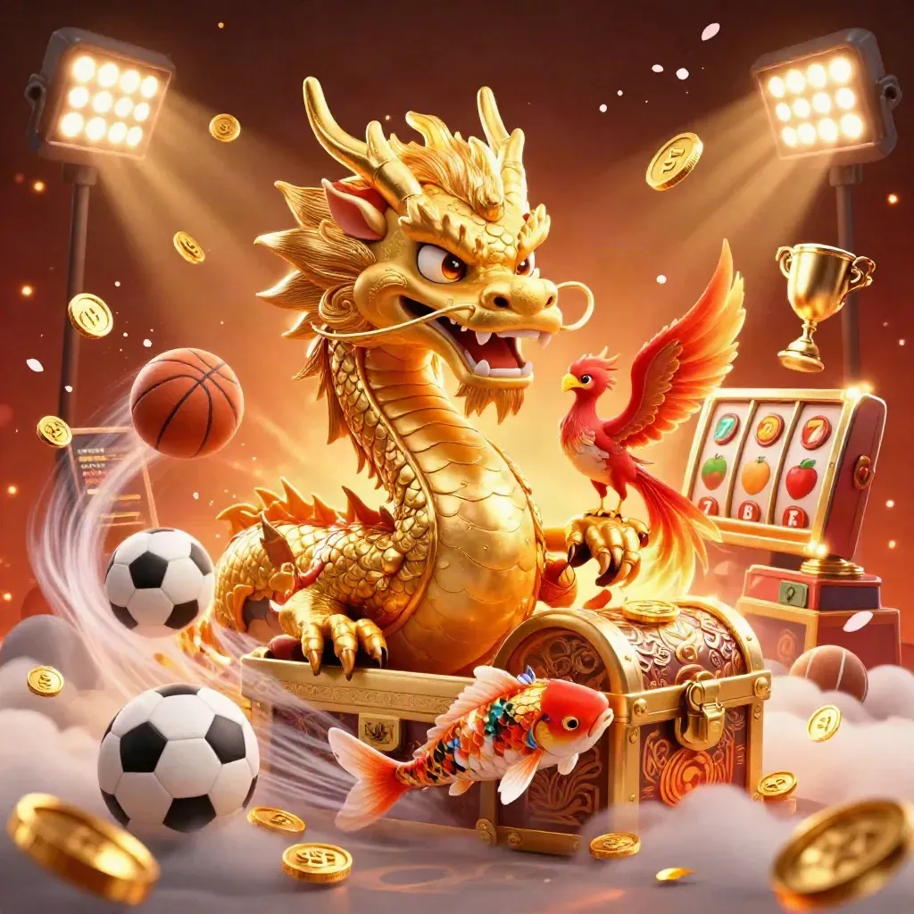 Golden dragon with phoenix and koi amid casino balls, coins, reels, and fiery luxe lighting.