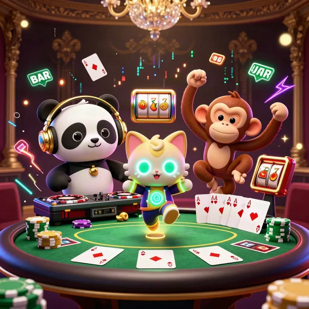 DJ panda, dancing monkey, and rave kitten amid blackjack chips, cards, and neon casino effects.