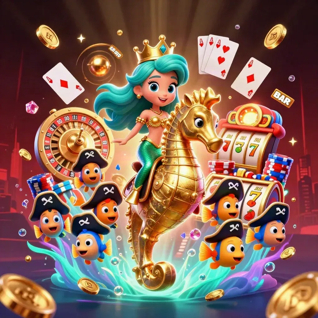 Mermaid princess on armored seahorse with pirate fish, coins, cards, roulette wheel, and neon casino glow.