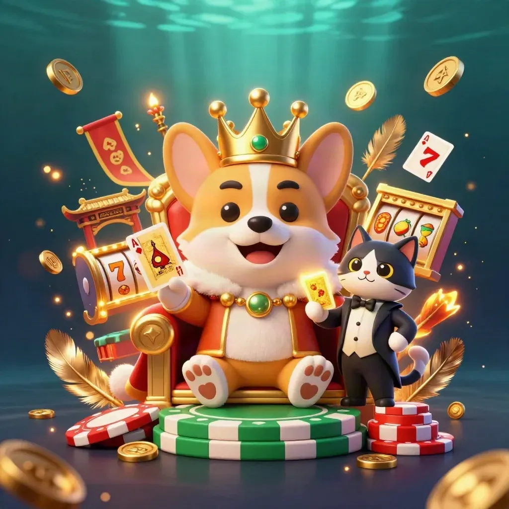 Royal corgi king and cat butler on poker-chip throne amid casino treasures and temple lights