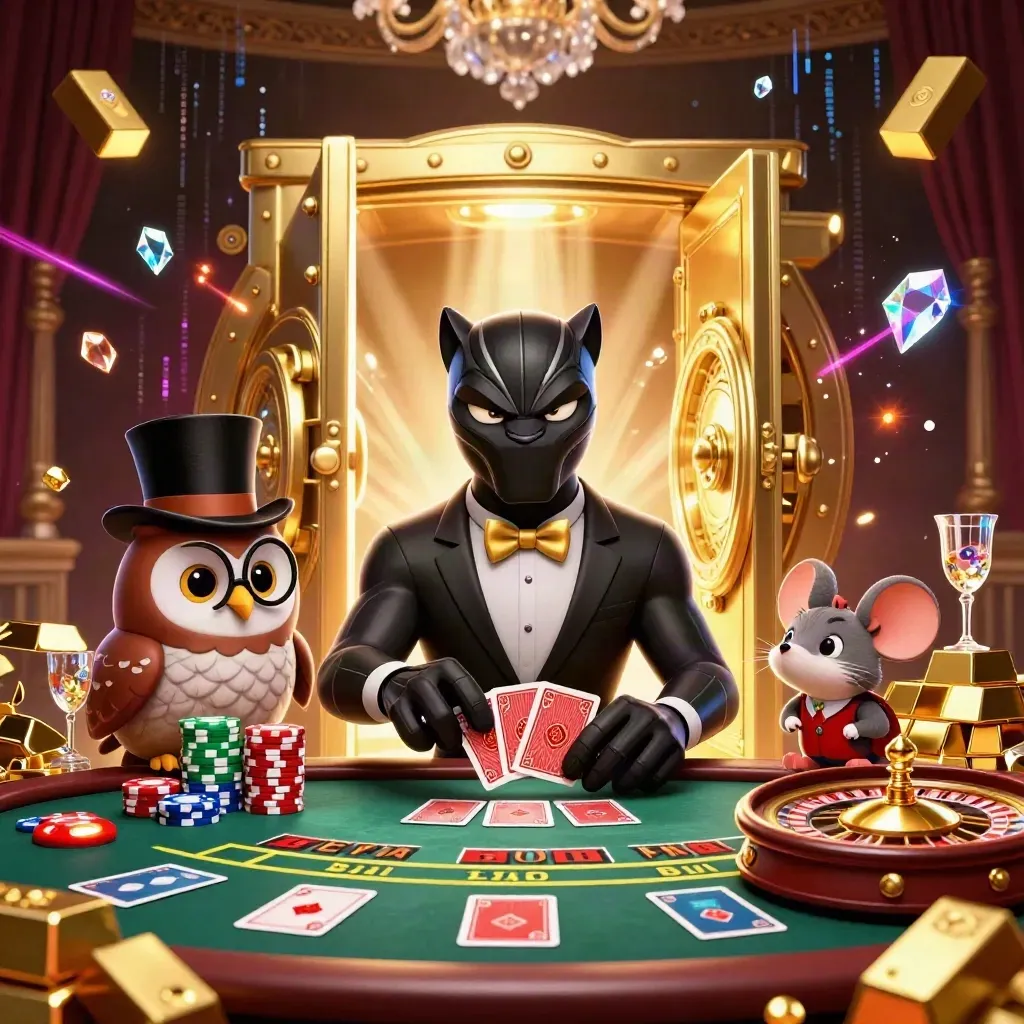 Black panther, owl, and mouse amid a gold vault, chips, cards, and neon casino light.