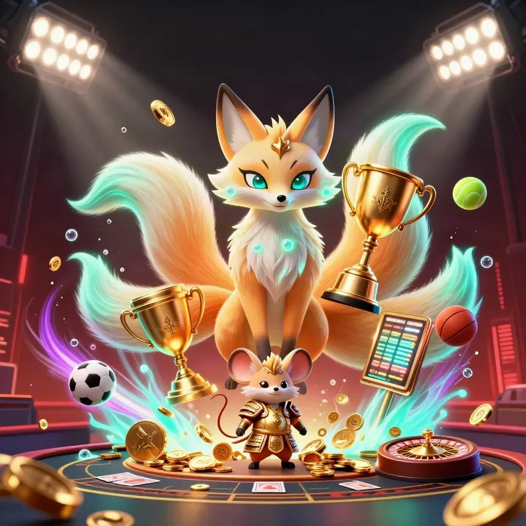 Neon fox spirit and armored mouse amid coins, roulette wheel, blackjack cards, and casino lights.