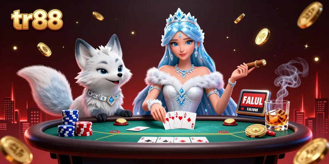 Experience thrilling online gaming at tr88 with an elegant ice queen, fox companion, and vibrant poker elements