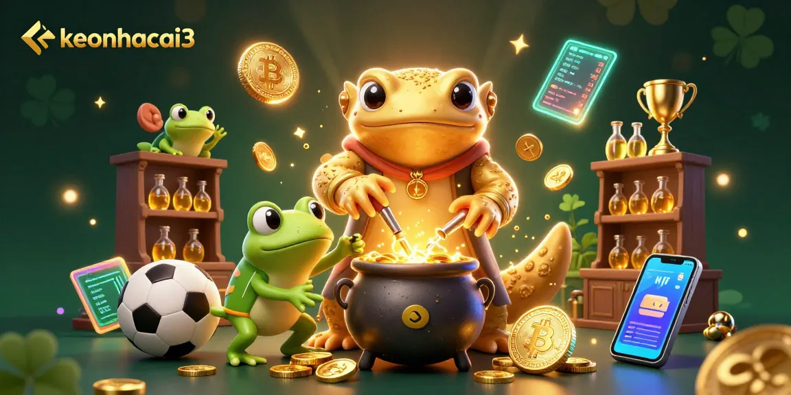 Engage with keonhacai3's dynamic sports betting scene featuring vibrant gold and crypto elements.