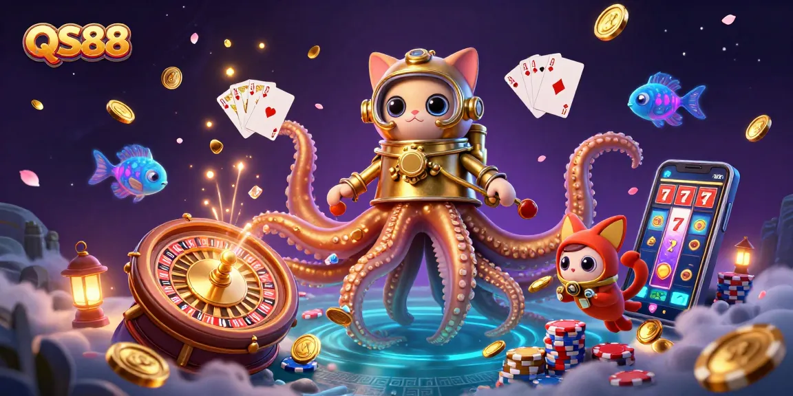 Experience thrilling excitement at QS88 with a vibrant scene featuring a colossal kraken, diving cat, and sparkling casino treasures.