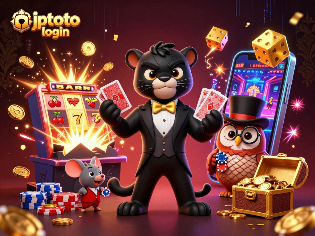 Experience jptoto login thrills as a stylish panther deals cards at a vibrant casino scene