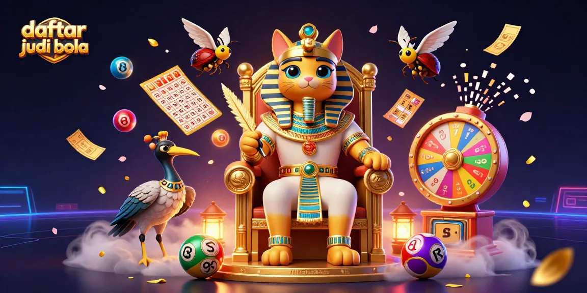 Experience the thrill of daftar judi bola with vibrant lottery balls and an Egyptian pharaoh cat in a dynamic scene.