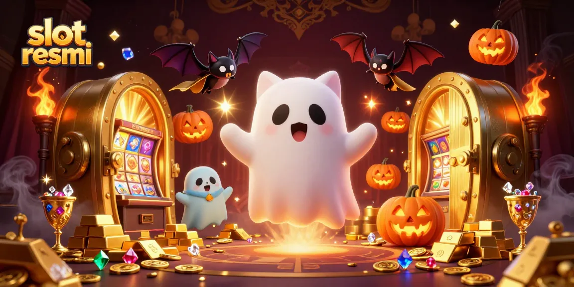 Slot resmi penuh aksi dengan kucing hantu dan kelelawar mengapung di kasino, dikelilingi harta karun gemerlap.