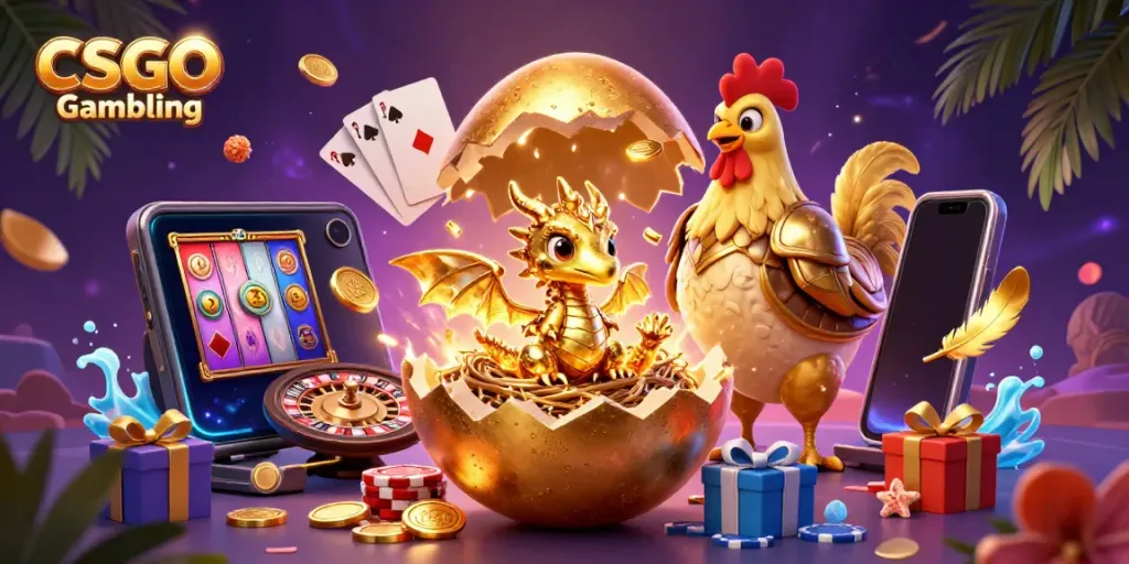 Engage with CSGO Gambling by witnessing a golden baby dragon on poker chips, amidst colorful casino elements.