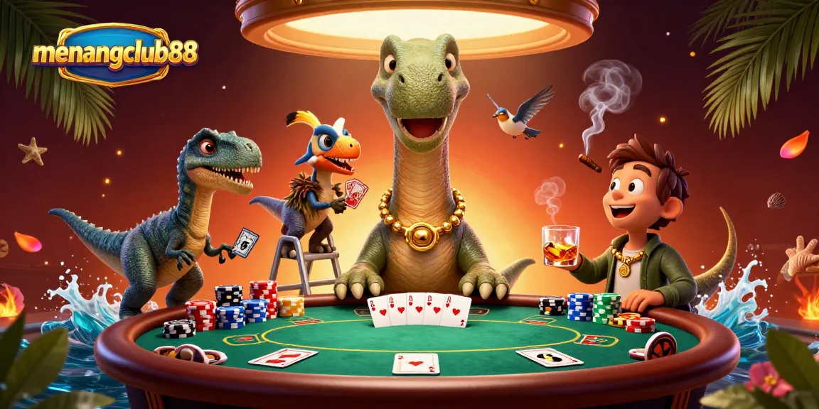 Experience thrilling poker action at menangclub88 with a whimsical dinosaur dealer and vibrant casino scene.