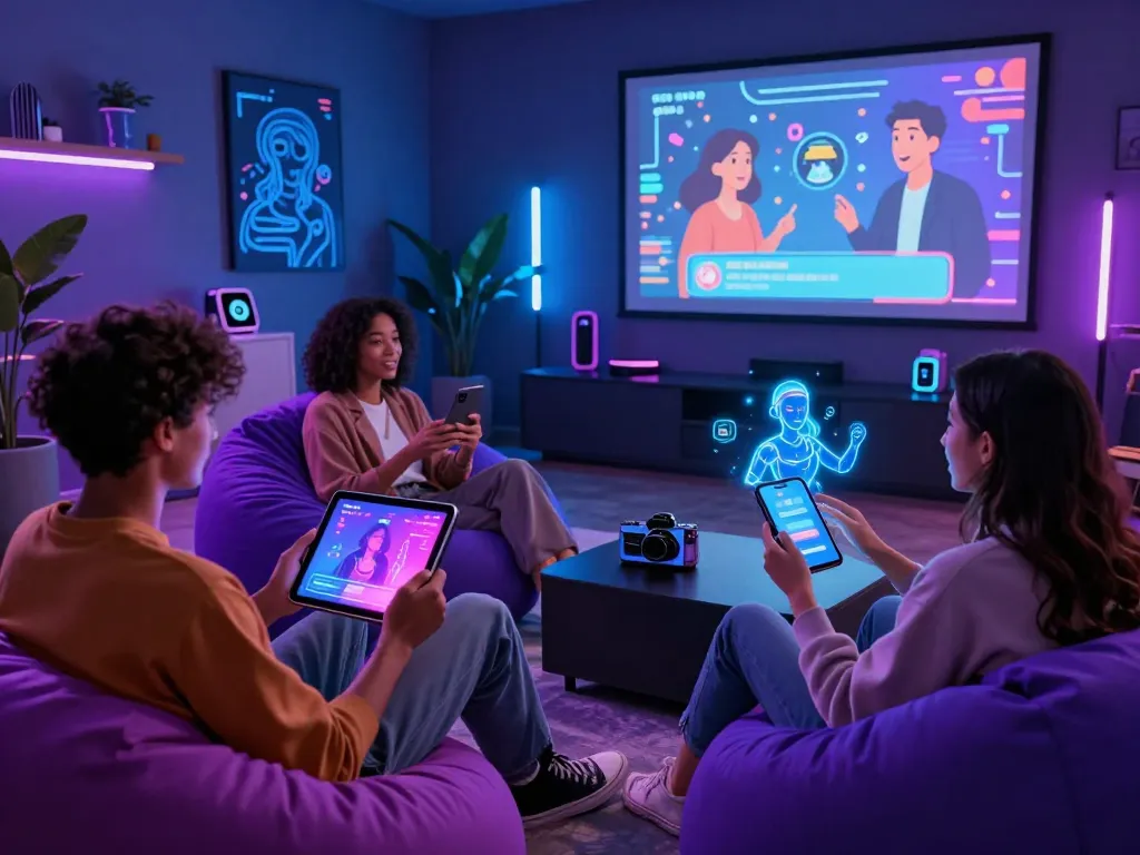 Interactive urban lounge scene of people enjoying sex chat ai on devices, featuring vibrant LED lights and futuristic decor.