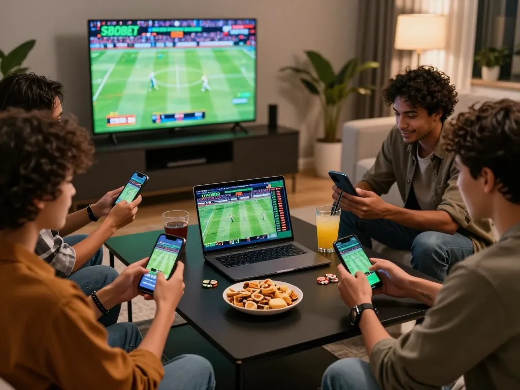 Teman-teman menikmati taruhan SBOBET mobile dengan smartphone dan camilan, menangkap esensi perjudian online di rumah.