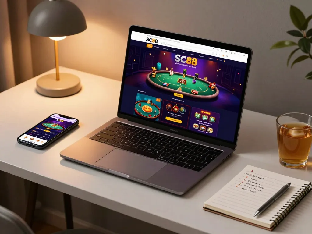 Enjoying an online gaming session on SC88 platform with a cozy home setup