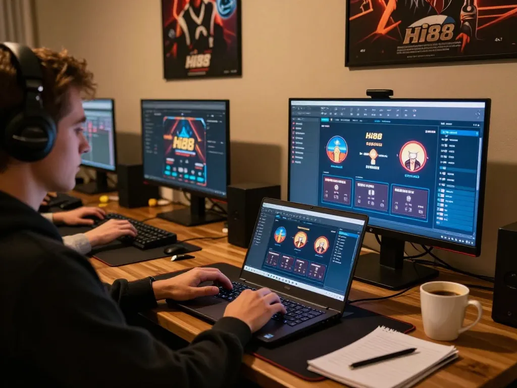 Player engaging with Hi88's online poker platform in a dedicated gaming setup, highlighting strategic focus.