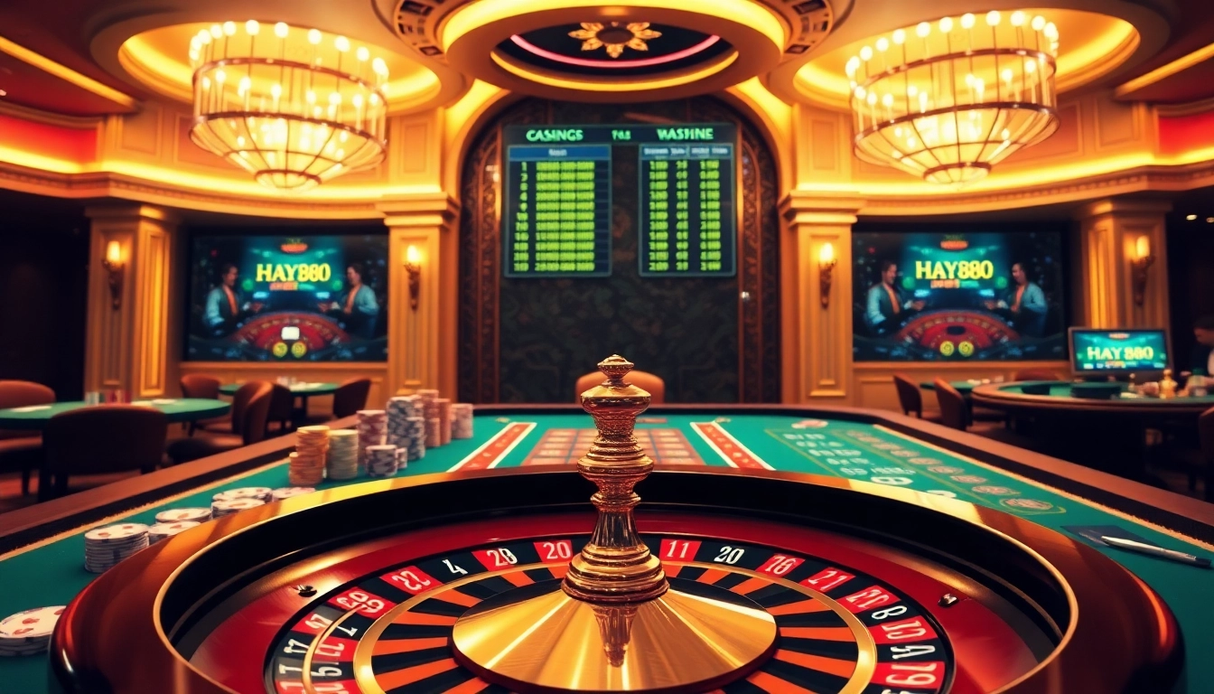 Experience the thrill of HAY88 with players enjoying high-stakes games at a luxurious casino.