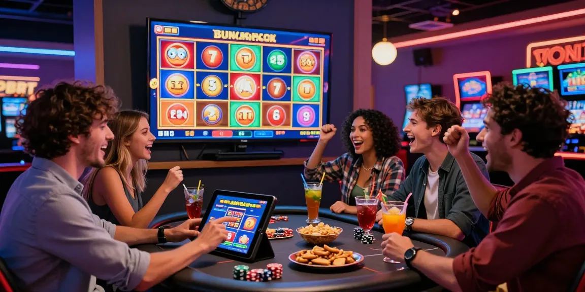 Group of friends enjoying bonus buy slots in a vibrant casino lounge atmosphere.