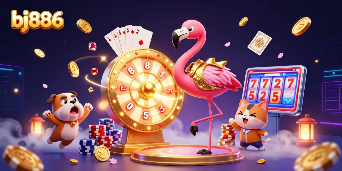 Experience excitement with bj886 as the flamingo host spins the prize wheel amid coins and gems.