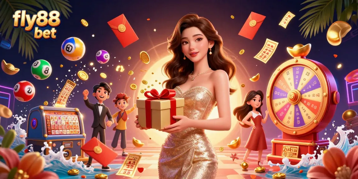 Engage with fly88 bet for an exciting casino experience in this vibrant, festive illustration.