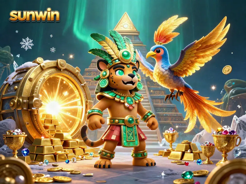 Experience the thrill of sunwin with a dynamic scene of treasure and Mayan characters in a casino setting.