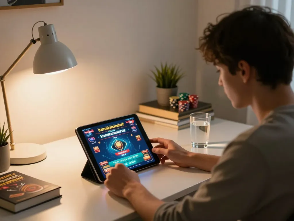 Engaging in kerajaanslot gameplay on a tablet with strategic elements in a warm home setting.