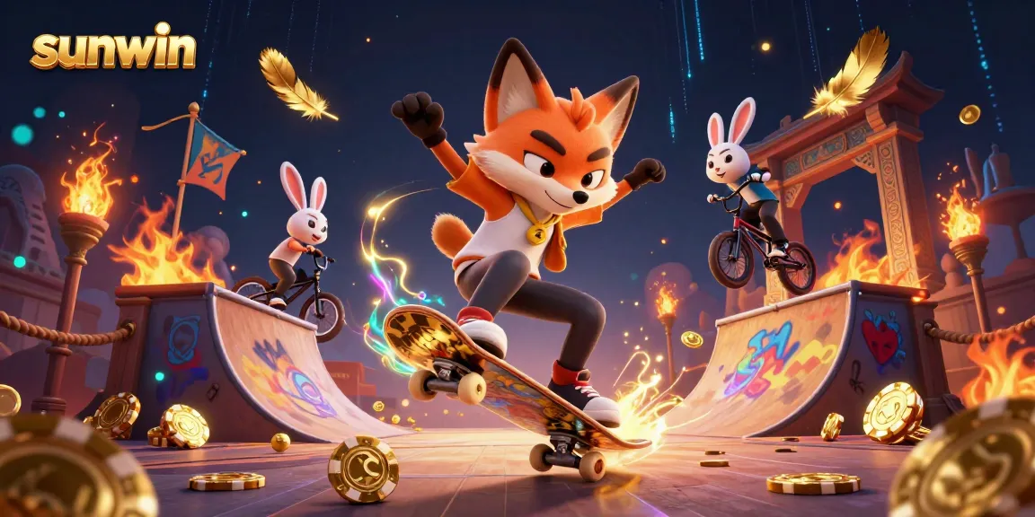 Sunwin showcases a vibrant casino scene with a skateboarder fox and BMX rabbit spinning tricks among golden poker chips and dynamic casino elements.