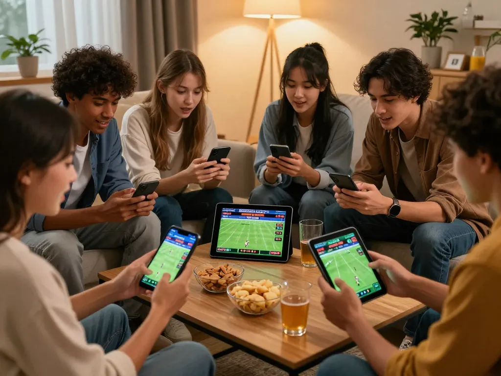 Engaged friends use keonhacai for live sports betting from their cozy living room setup