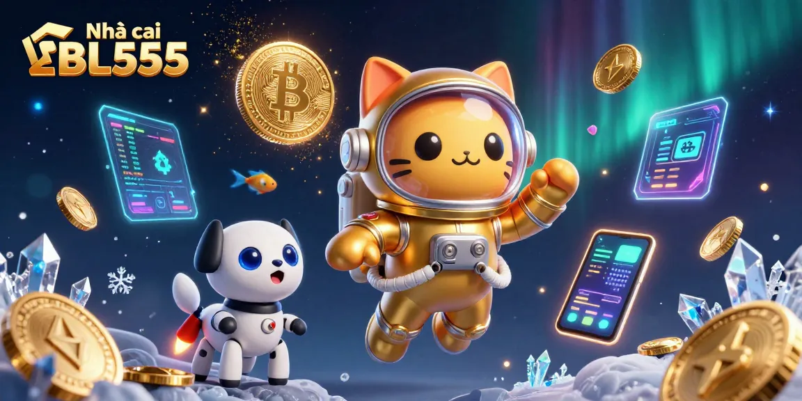 Experience thrilling gaming with Nhà cái BL555 in this colorful 3D illustration featuring unique characters and crypto elements.
