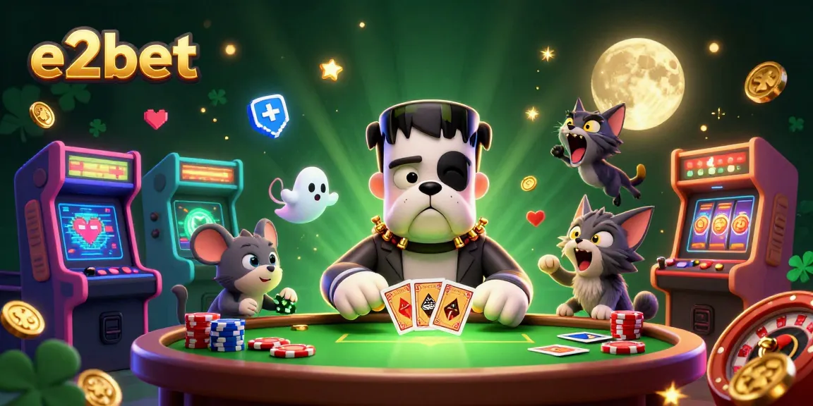 Experience thrilling moments with e2bet in a vibrant casino scene featuring playful characters and gaming action.