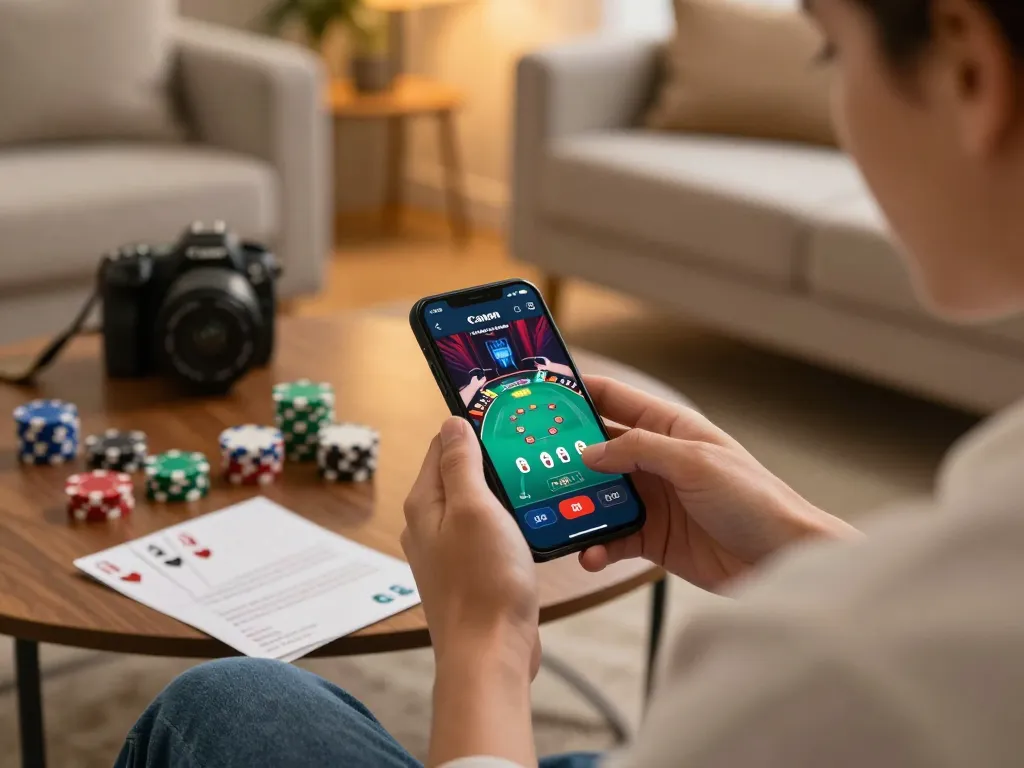 Engaging in poker on the smartphone with soc88 app, capturing strategic gameplay in a cozy home setting.