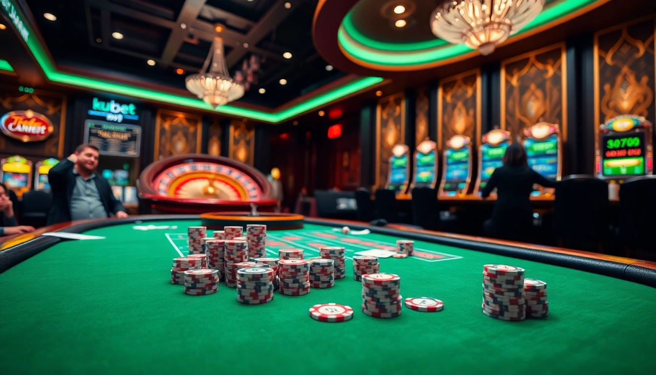 Intense gaming scene showcasing a professional gambling table on the Website kubet, poker chips, and roulette wheel.