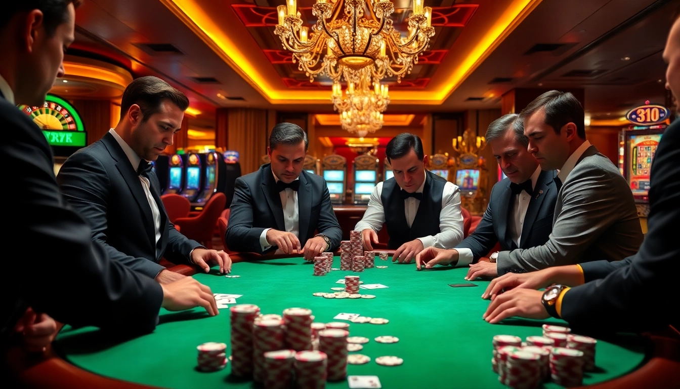 Gamblers strategizing at a high-stakes poker table in a luxurious casino, exploring gilajp's gaming options.