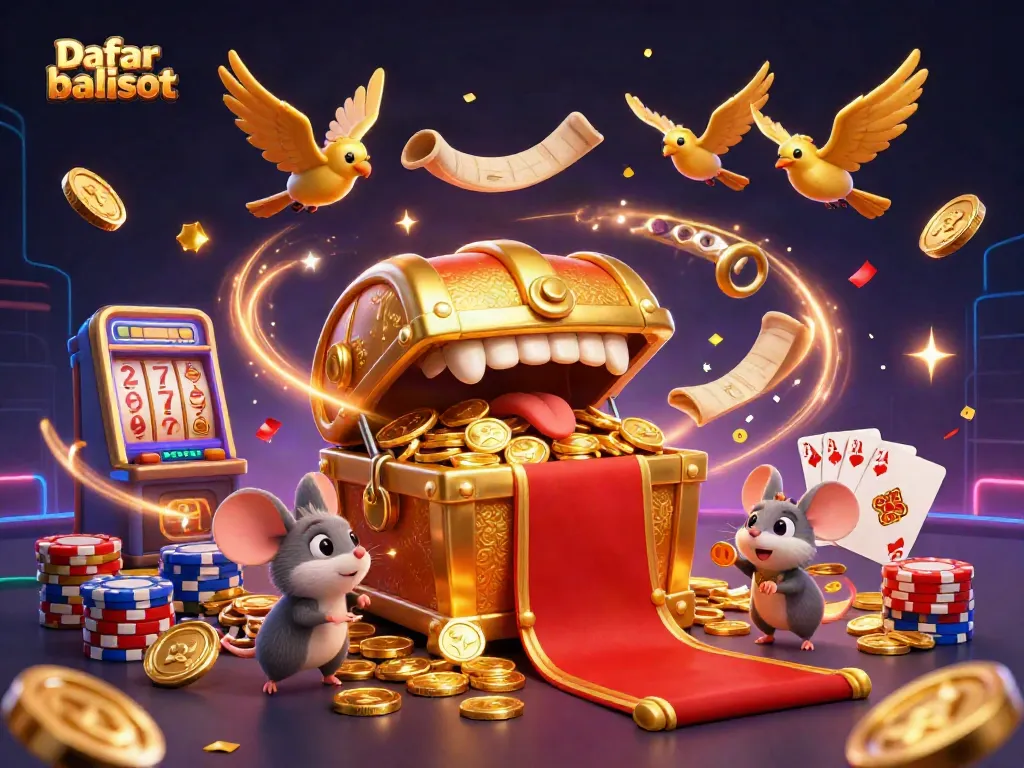 Experience the thrill of Daftar balisot with a dynamic casino-themed illustration showcasing adventure and riches.