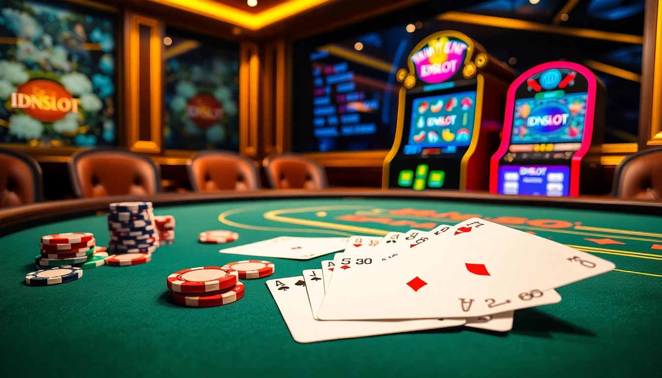 IDNSLOT branding highlighted on a luxurious online casino scene with vibrant poker elements.