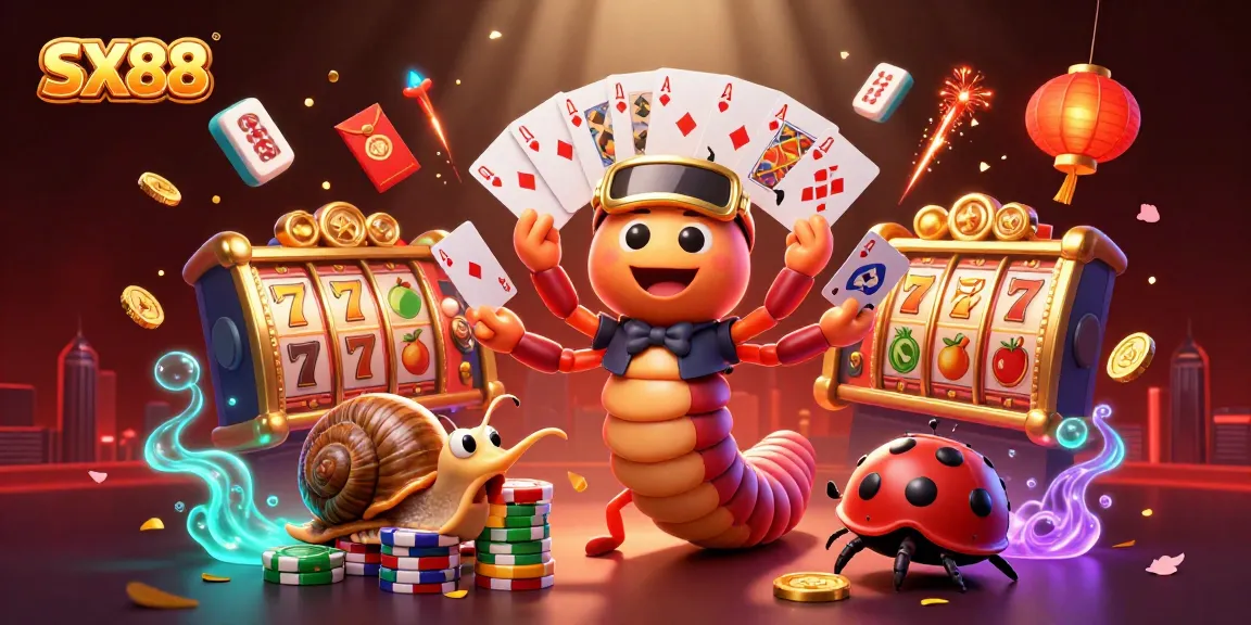 SX88 engages players with a cartoon millipede dealer and high-roller snail amidst vibrant casino elements.