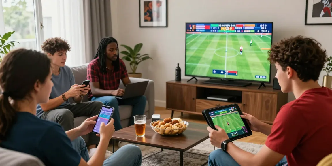 Engaged young adults enjoying sports betting at home through https://open88c.com/, surrounded by sports memorabilia and digital devices.