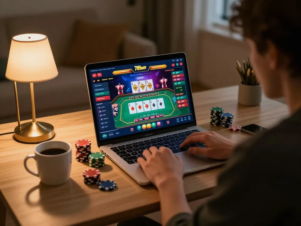 Engaged player using 789win platform on laptop for a strategic online casino experience.