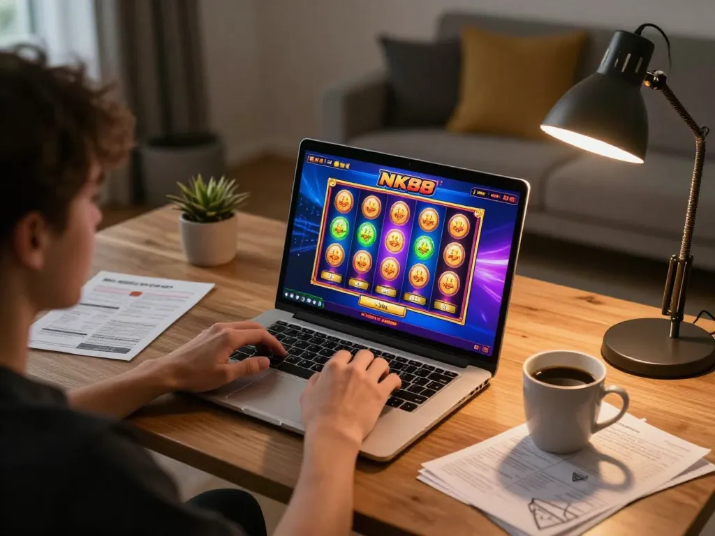 Player engaging with NK88 online casino slots, showcasing vibrant game interface and cozy gaming atmosphere.