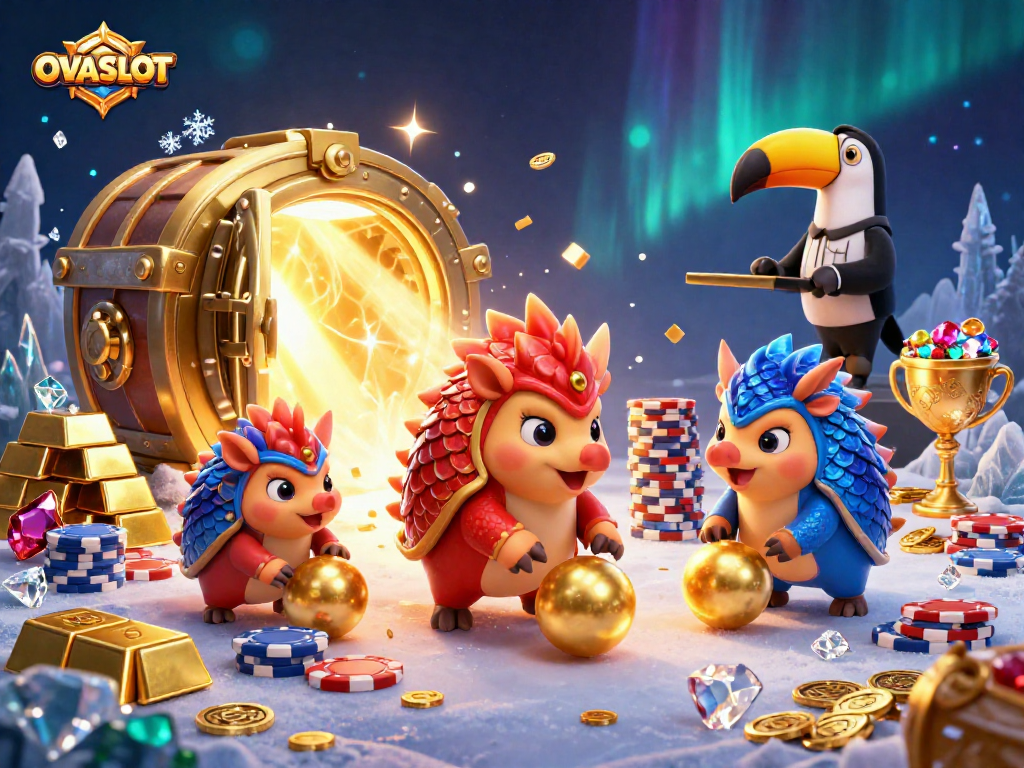 Engage with OVASLOT's thrilling competition featuring rival pangolins rolling gold and poker chips