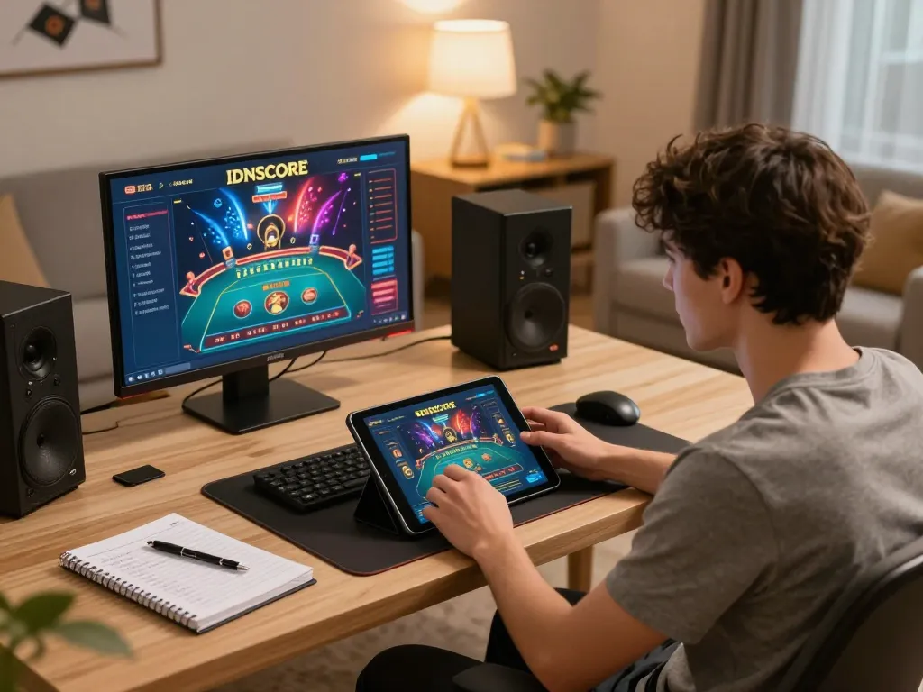 IDNSCORE gaming setup with a player enjoying live casino action at home.