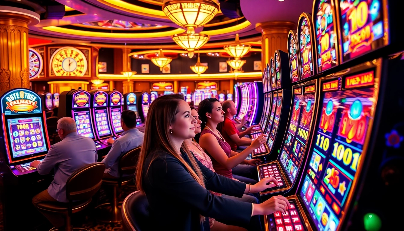 Exciting players winning on situs slot online with vibrant, colorful slot machines in a luxurious casino setting.
