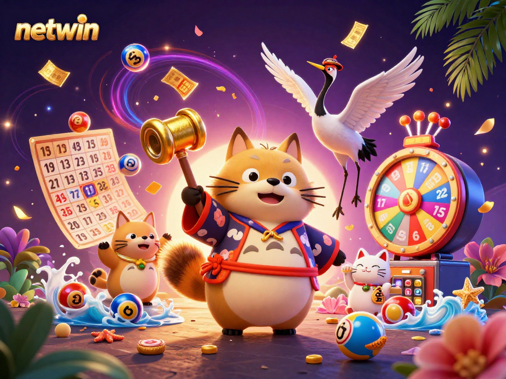 Experience thrilling gameplay with netwin, featuring cheerful tanuki and colorful lottery elements.