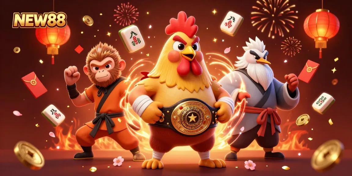 Engage with NEW88 through a dynamic illustration showcasing gambling excitement with rich, cultural elements.