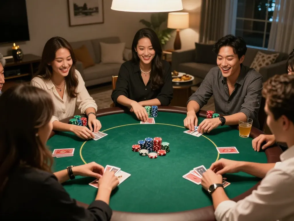 Trò chơi poker thú vị với bạn bè tại nhà, trình bày các chiến lược luck8, không khí ấm cúng và sự cạnh tranh thân thiện.