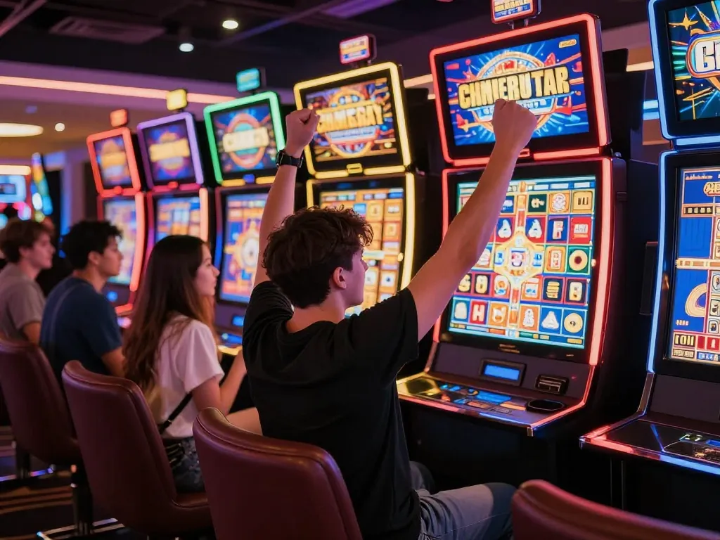Celebrating a win at casinos not on gamstop with vibrant slot machines and exciting atmosphere.