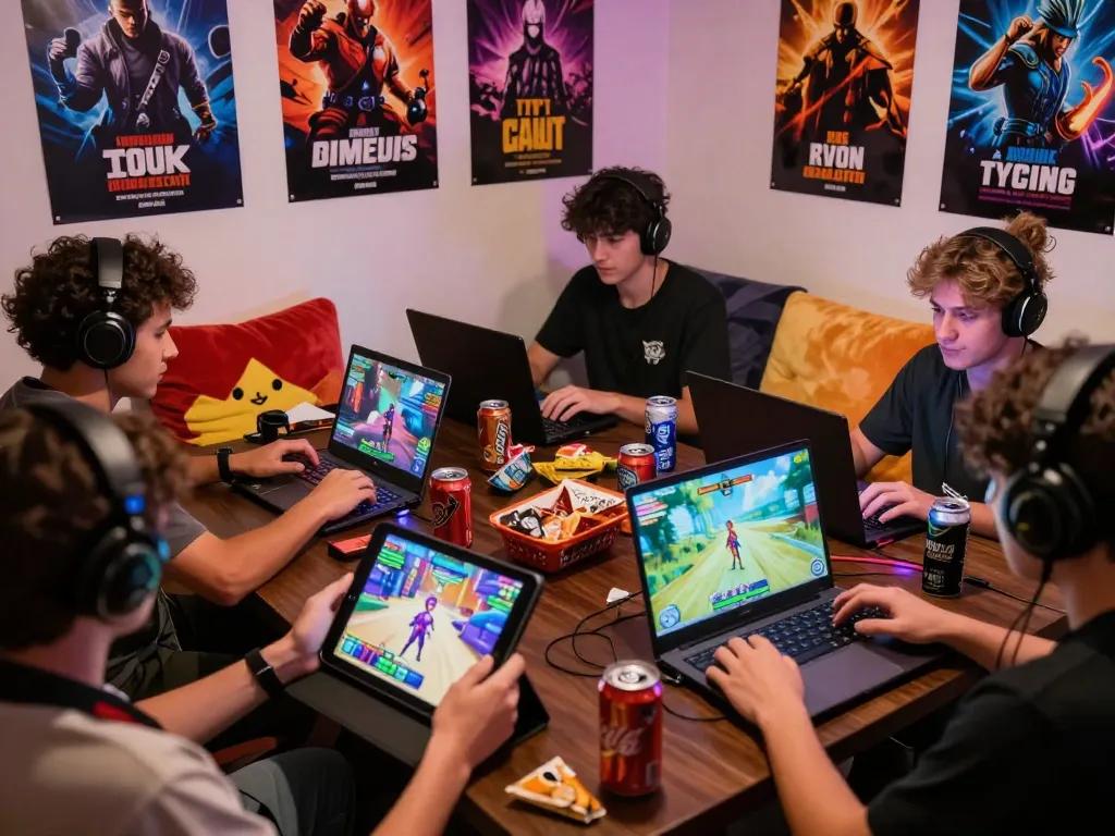 In an inviting gaming atmosphere, players enjoy porngames on various devices amid colorful posters and snacks.