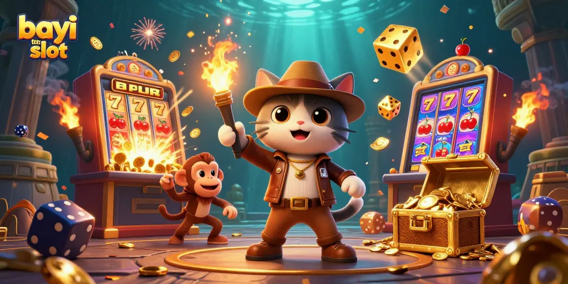 Experience the excitement of bayi toto slot with a cat explorer discovering golden artifacts amidst dynamic casino elements.