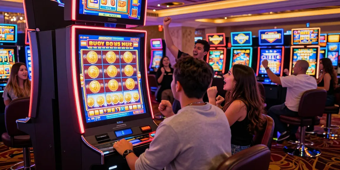 Players enjoying bonus buy slots at a vibrant casino, showcasing excitement and engagement in a thrilling gaming atmosphere.